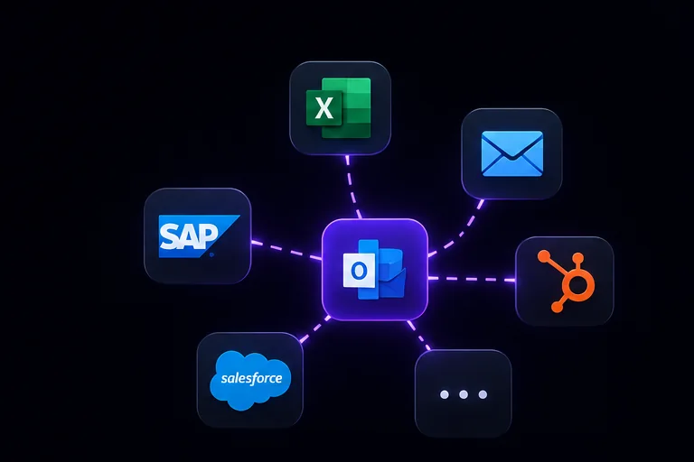 Vernetzte Tool-Icons (E-Mail, CRM, Excel, Kalender) mit unklaren Verbindungen — Symbol für zu viele Insellösungen.